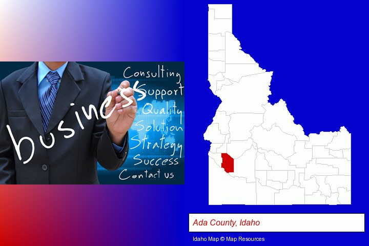typical business services and concepts; Ada County, Idaho highlighted in red on a map