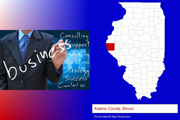 typical business services and concepts; Adams County, Illinois highlighted in red on a map