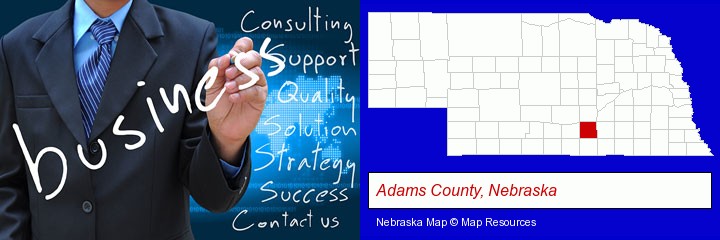 typical business services and concepts; Adams County, Nebraska highlighted in red on a map