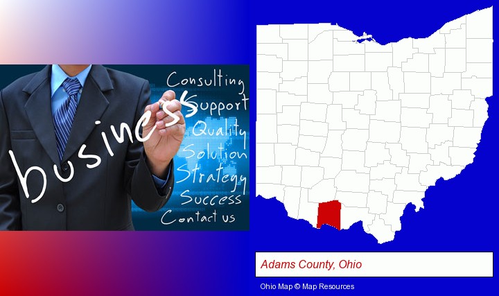 typical business services and concepts; Adams County, Ohio highlighted in red on a map