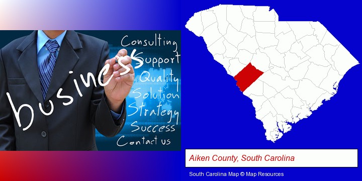 typical business services and concepts; Aiken County, South Carolina highlighted in red on a map