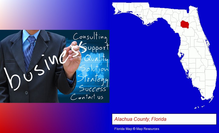 typical business services and concepts; Alachua County, Florida highlighted in red on a map