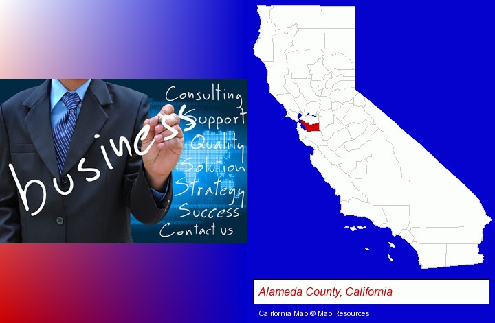 typical business services and concepts; Alameda County, California highlighted in red on a map