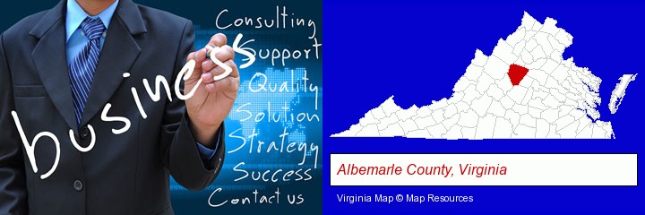 typical business services and concepts; Albemarle County, Virginia highlighted in red on a map
