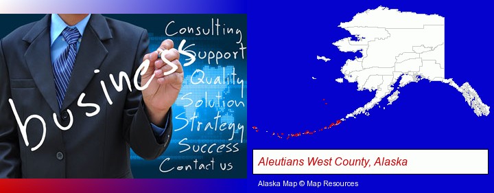 typical business services and concepts; Aleutians West County, Alaska highlighted in red on a map