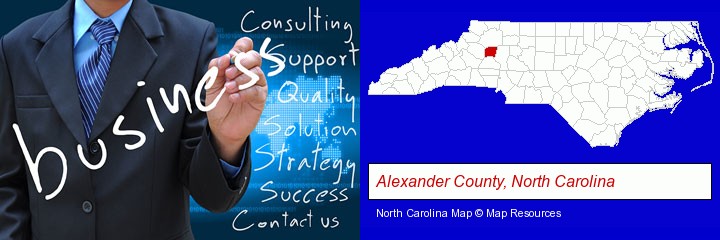 typical business services and concepts; Alexander County, North Carolina highlighted in red on a map