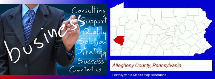 typical business services and concepts; Allegheny County, Pennsylvania highlighted in red on a map