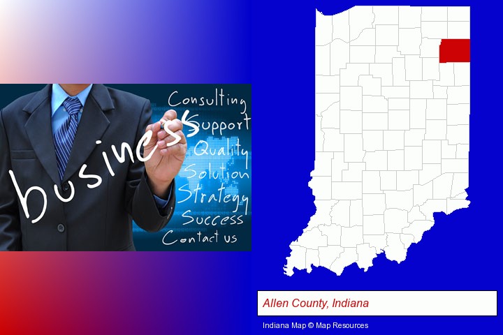 typical business services and concepts; Allen County, Indiana highlighted in red on a map