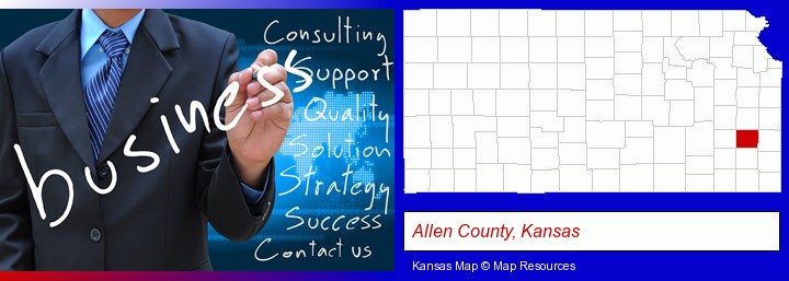 typical business services and concepts; Allen County, Kansas highlighted in red on a map