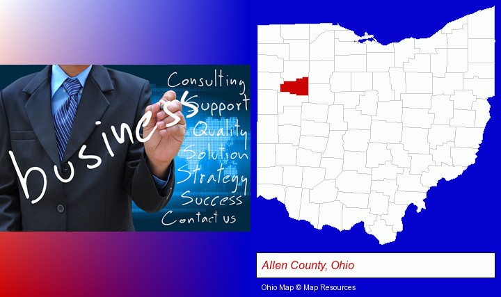 typical business services and concepts; Allen County, Ohio highlighted in red on a map