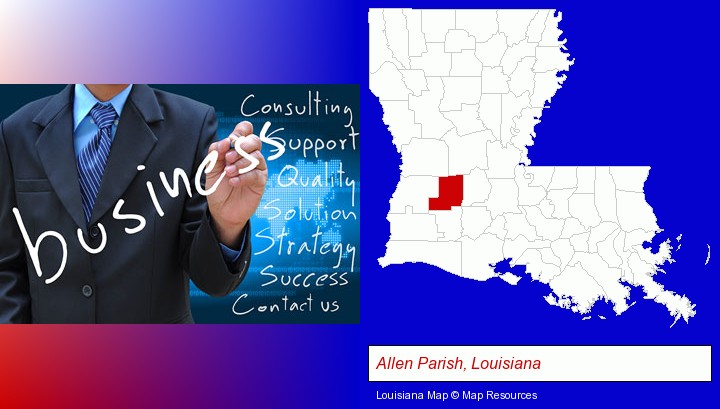 typical business services and concepts; Allen Parish, Louisiana highlighted in red on a map