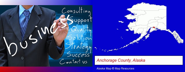 typical business services and concepts; Anchorage County, Alaska highlighted in red on a map