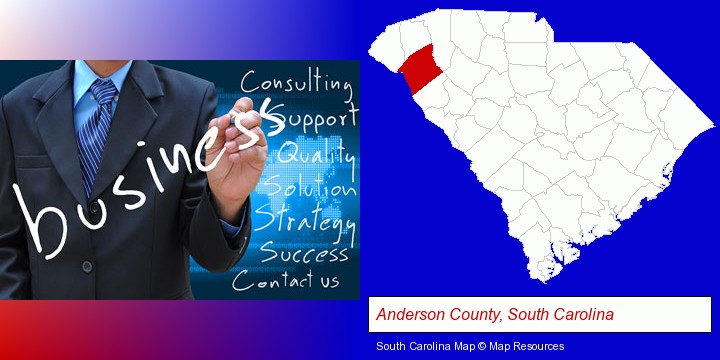 typical business services and concepts; Anderson County, South Carolina highlighted in red on a map