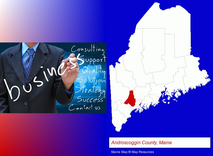typical business services and concepts; Androscoggin County, Maine highlighted in red on a map