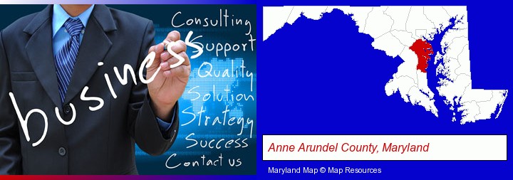 typical business services and concepts; Anne Arundel County, Maryland highlighted in red on a map