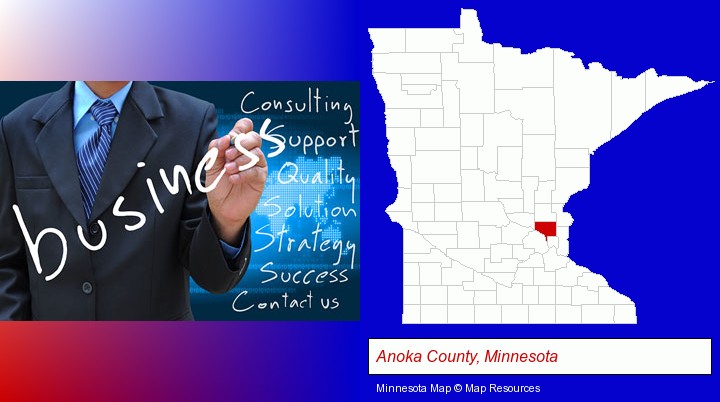 typical business services and concepts; Anoka County, Minnesota highlighted in red on a map
