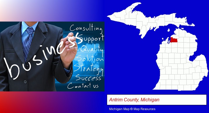 typical business services and concepts; Antrim County, Michigan highlighted in red on a map