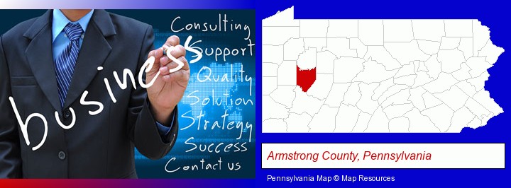 typical business services and concepts; Armstrong County, Pennsylvania highlighted in red on a map