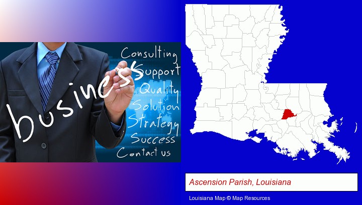 typical business services and concepts; Ascension Parish, Louisiana highlighted in red on a map