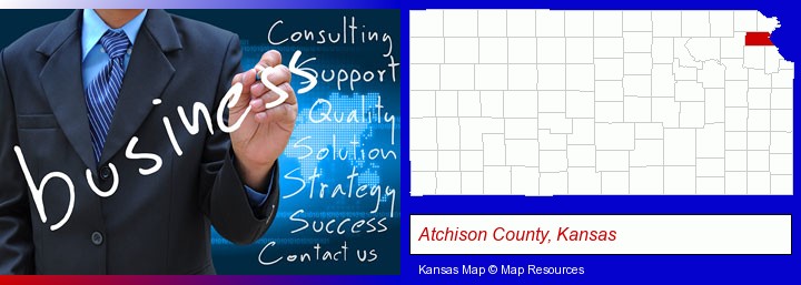 typical business services and concepts; Atchison County, Kansas highlighted in red on a map