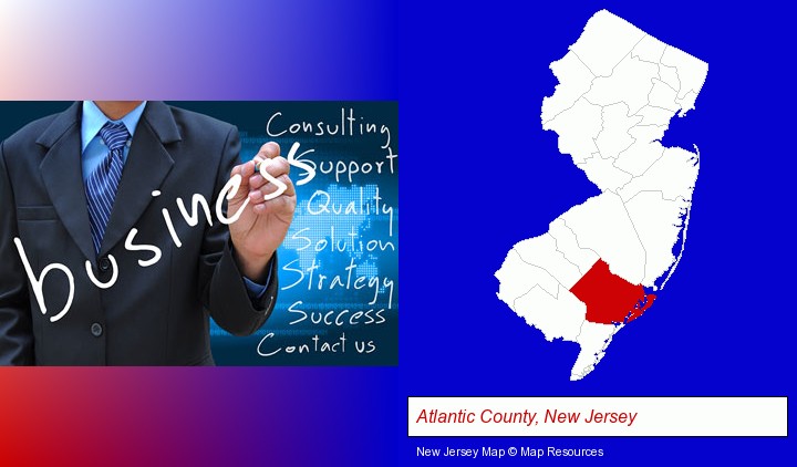 typical business services and concepts; Atlantic County, New Jersey highlighted in red on a map