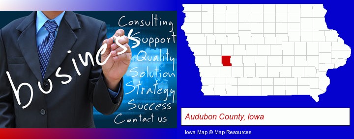 typical business services and concepts; Audubon County, Iowa highlighted in red on a map