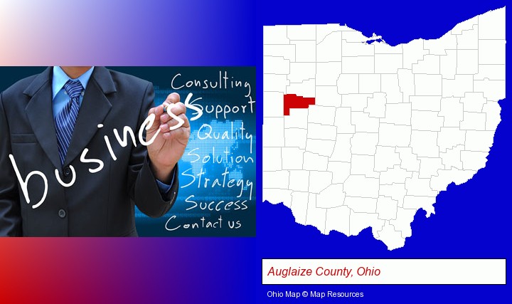 typical business services and concepts; Auglaize County, Ohio highlighted in red on a map