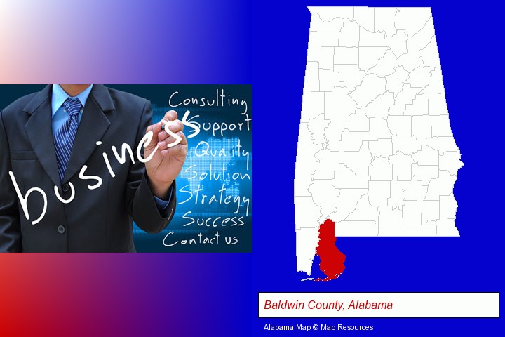 typical business services and concepts; Baldwin County, Alabama highlighted in red on a map