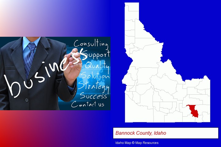 typical business services and concepts; Bannock County, Idaho highlighted in red on a map