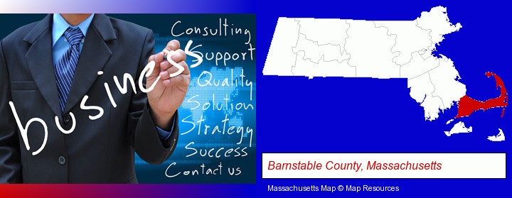 typical business services and concepts; Barnstable County, Massachusetts highlighted in red on a map