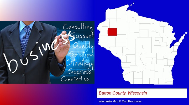 typical business services and concepts; Barron County, Wisconsin highlighted in red on a map