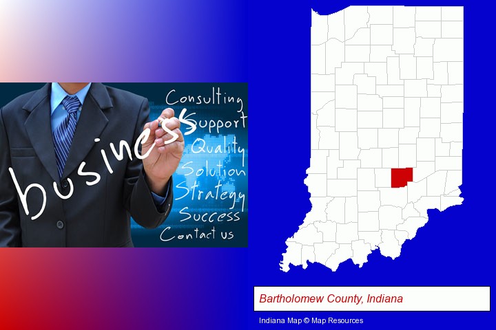 typical business services and concepts; Bartholomew County, Indiana highlighted in red on a map