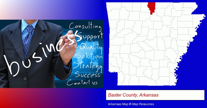 typical business services and concepts; Baxter County, Arkansas highlighted in red on a map