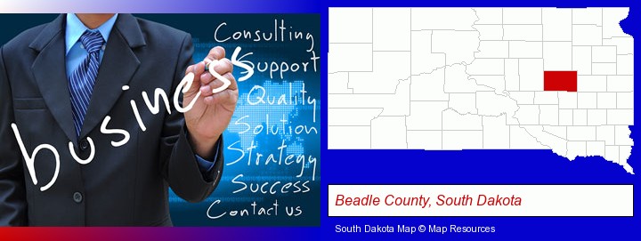 typical business services and concepts; Beadle County, South Dakota highlighted in red on a map