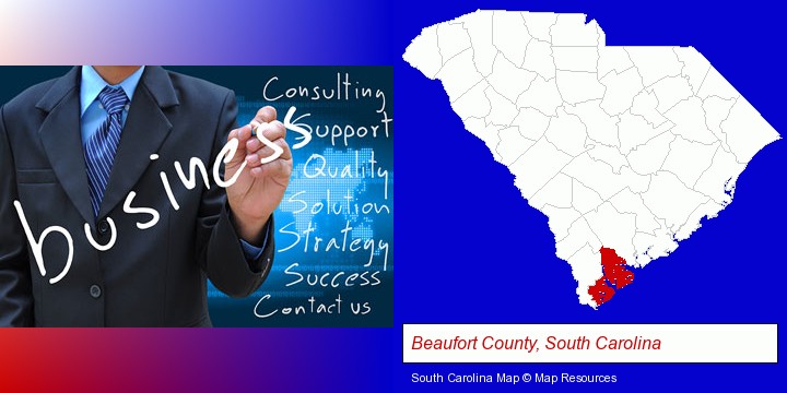 typical business services and concepts; Beaufort County, South Carolina highlighted in red on a map