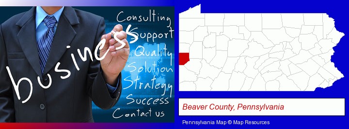 typical business services and concepts; Beaver County, Pennsylvania highlighted in red on a map