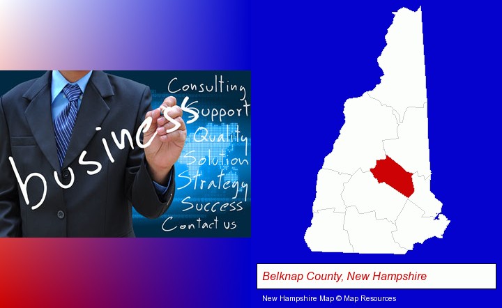 typical business services and concepts; Belknap County, New Hampshire highlighted in red on a map