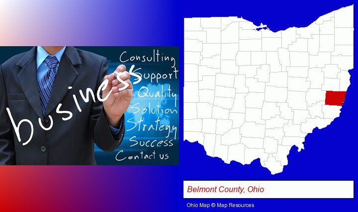typical business services and concepts; Belmont County, Ohio highlighted in red on a map