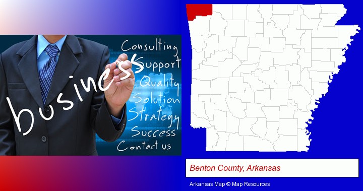 typical business services and concepts; Benton County, Arkansas highlighted in red on a map