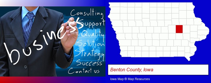 typical business services and concepts; Benton County, Iowa highlighted in red on a map