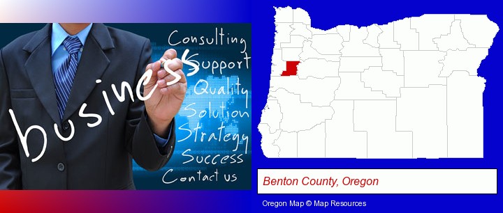 typical business services and concepts; Benton County, Oregon highlighted in red on a map