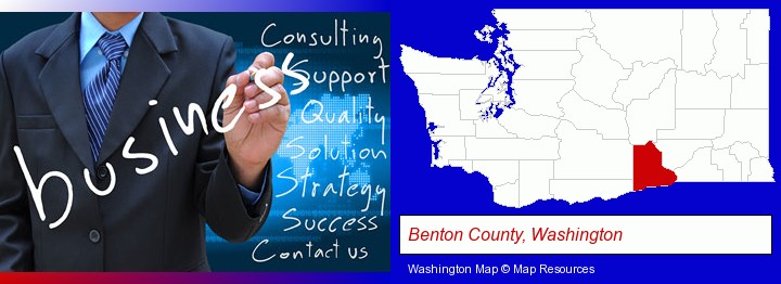 typical business services and concepts; Benton County, Washington highlighted in red on a map