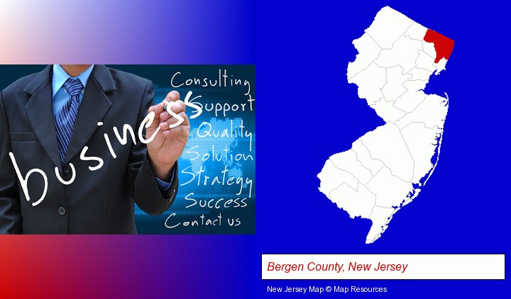 typical business services and concepts; Bergen County, New Jersey highlighted in red on a map
