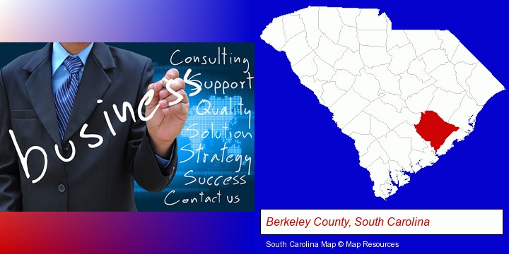 typical business services and concepts; Berkeley County, South Carolina highlighted in red on a map