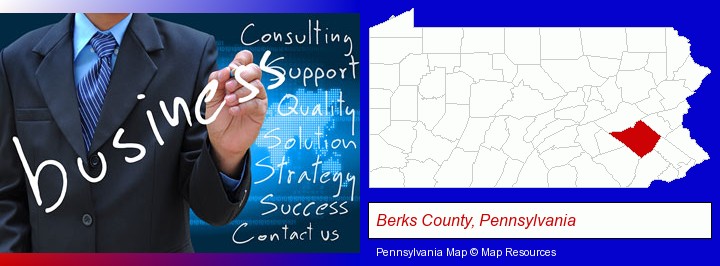 typical business services and concepts; Berks County, Pennsylvania highlighted in red on a map