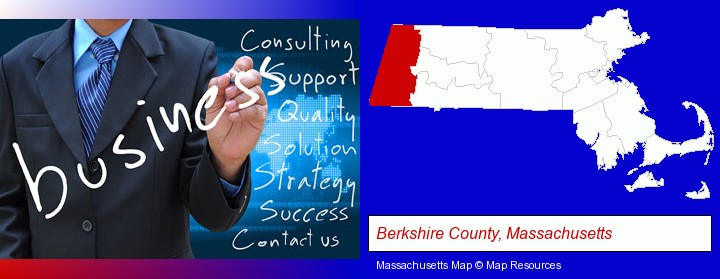 typical business services and concepts; Berkshire County, Massachusetts highlighted in red on a map
