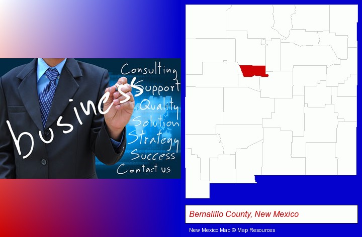 typical business services and concepts; Bernalillo County, New Mexico highlighted in red on a map