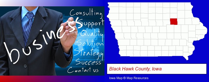 typical business services and concepts; Black Hawk County, Iowa highlighted in red on a map