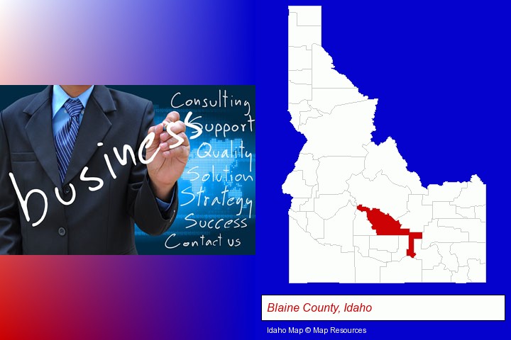 typical business services and concepts; Blaine County, Idaho highlighted in red on a map