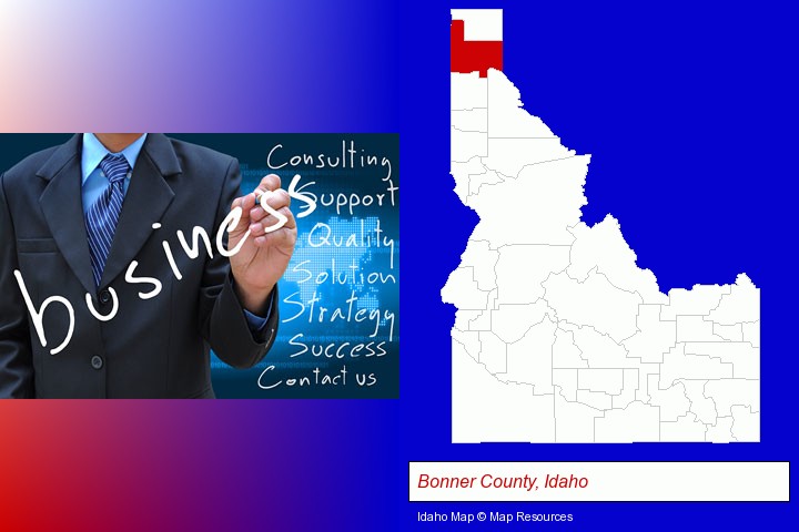 typical business services and concepts; Bonner County, Idaho highlighted in red on a map